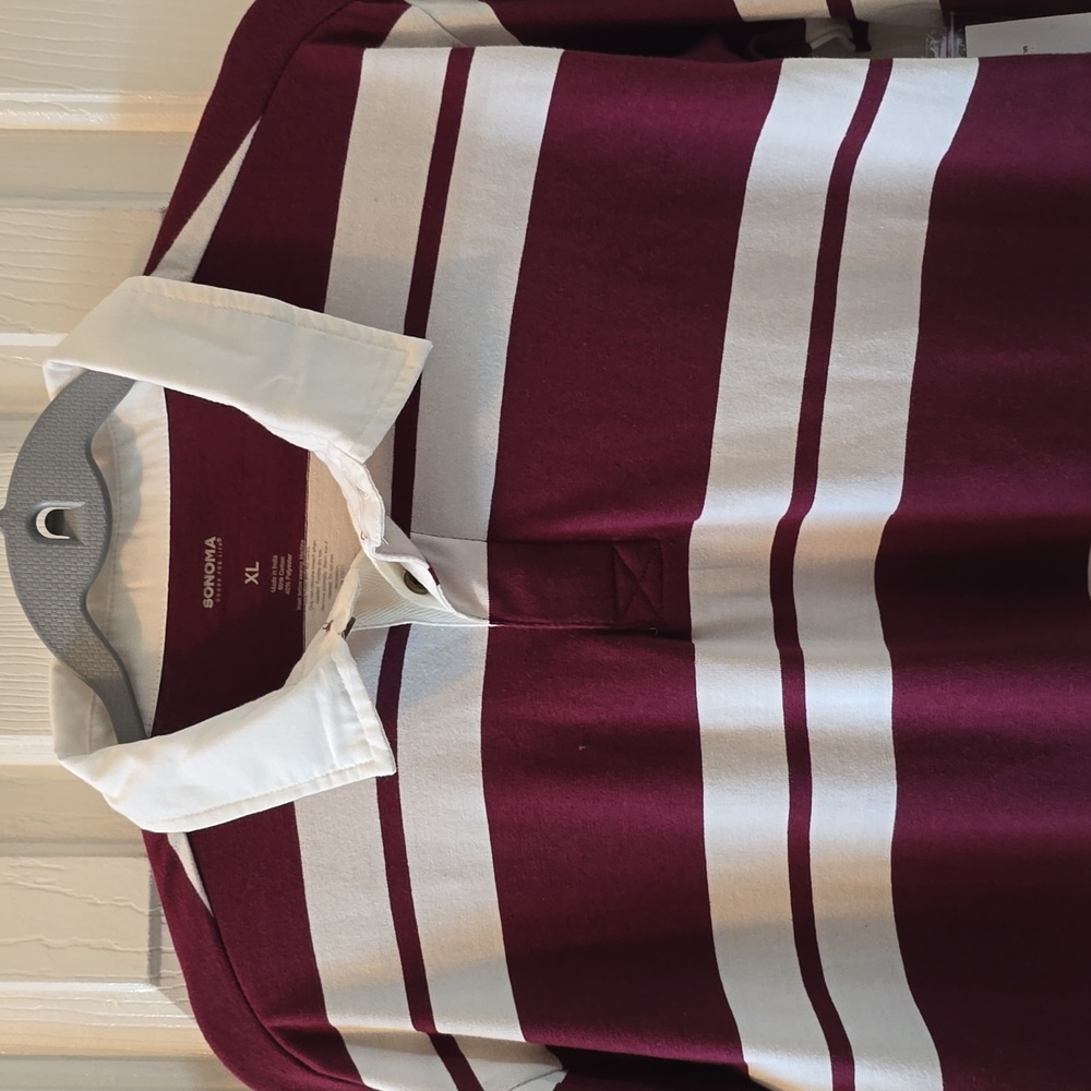 SONOMA BRAND BOYS BURGUNDY AND IVORY STRIPED RUGBY POLO SHIRT SIZE XL
